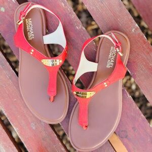 MK Michael Kors Gold Tone Plated Logo Genuine Leather Slingback Sandal 7.5 M